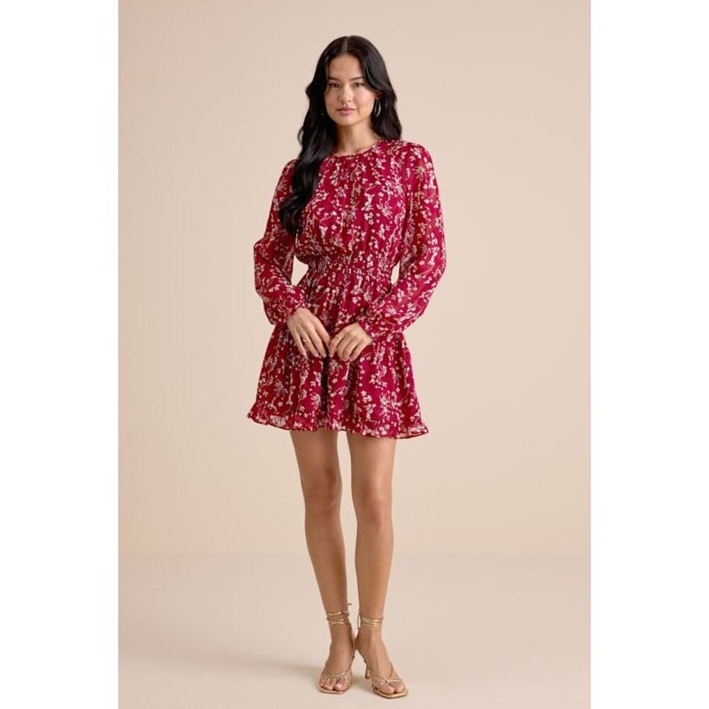 Lulus Too Cute Dark Red Floral Smocked Long Sleeve Mini Dress - Size XL